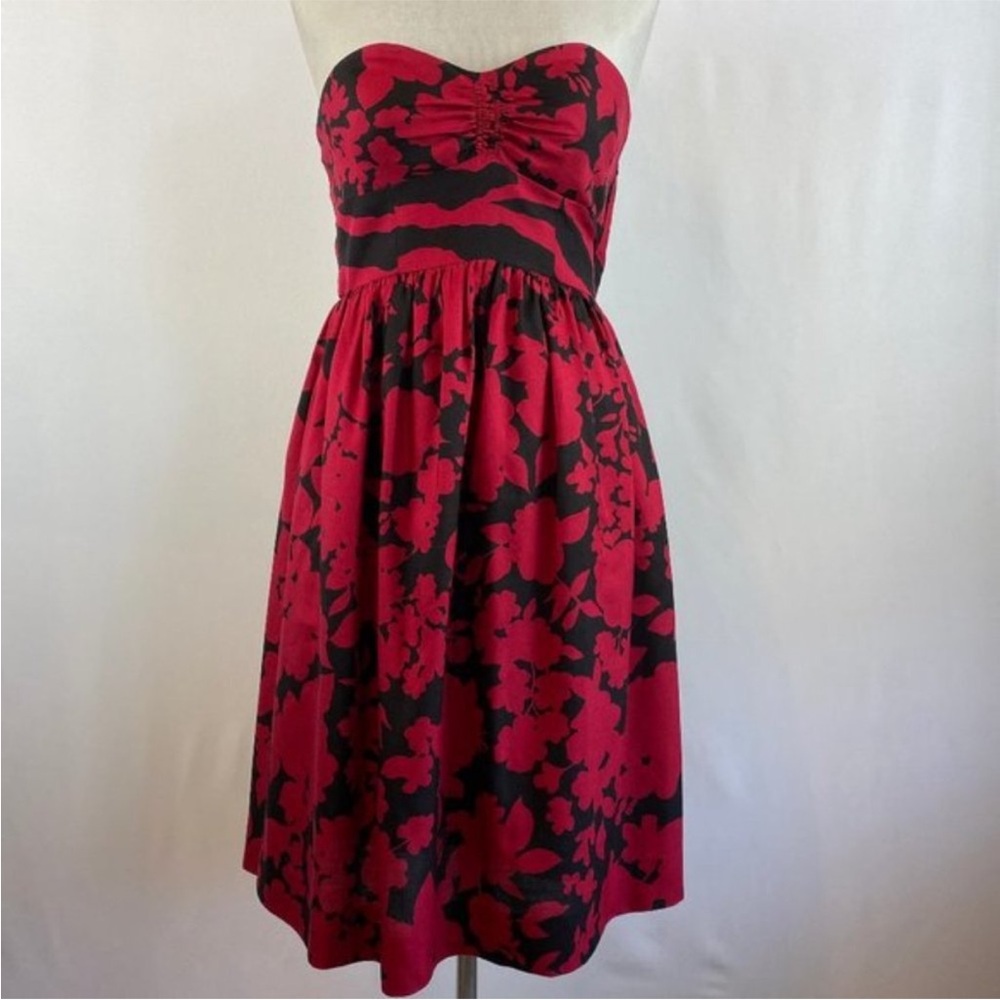 Anthropologie Tibi Sweetheart Neck Red/Black Floral Strapless Midi Dress Size 4 - Picture 5 of 14